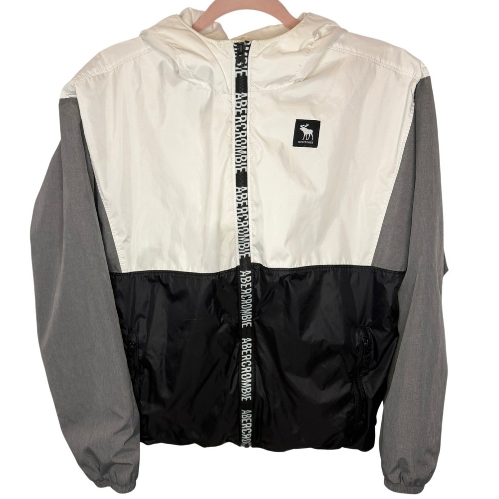 Abercrombie Kids Windbreaker Jacket Boys 15/16 White Black Grey Hooded